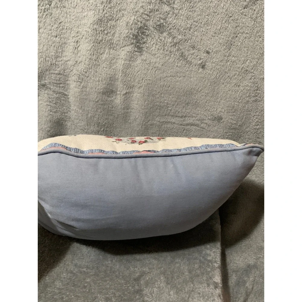 Vtg Garden Tapestry Throw Pillow Birdhouse Sun Hat Floral Accent Blue Cottage